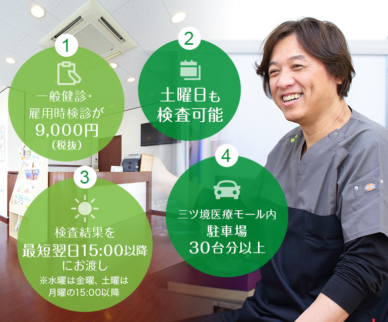 一般健診・
雇用時検診が8,300円
（税抜）　土曜も検査可能　検査結果を
最短翌日15:00以降
にお渡し※水曜は金曜、土曜は
月曜の15:00以降　三ツ境医療モール内
駐車場
30台分以上　内視鏡の
実績豊富な医師による
高品質な
人間ドック